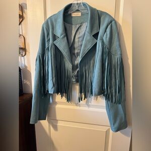 Fun fringe jacket from Unique Vintage! Faux suede, size 2X. Teal color.
